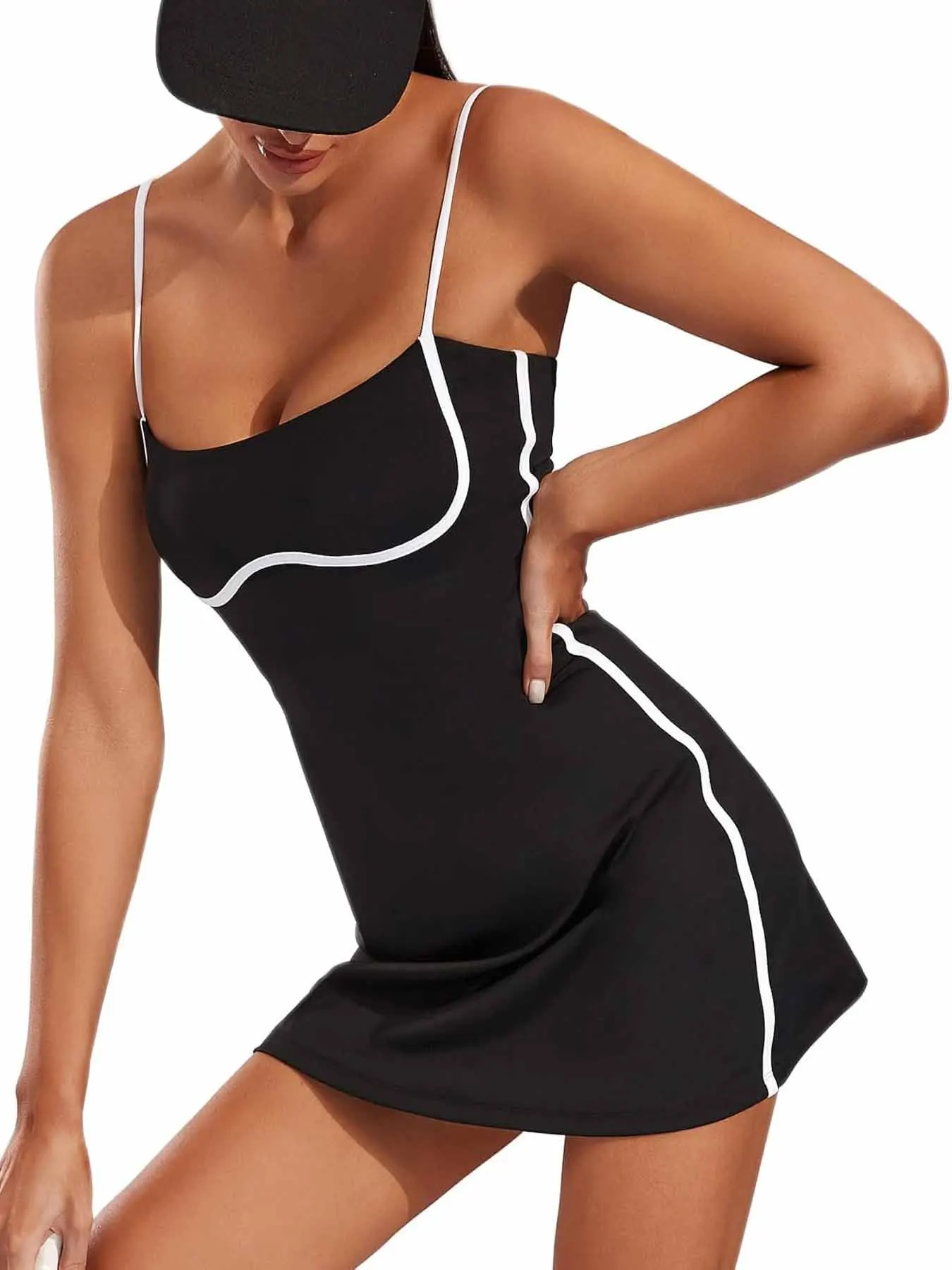 Women's Fitness Tennis Skirt Sleeveless, Suspender Dress Mini Skirt, White Stripe Contrast Dress, Suitable for Sports and Golf