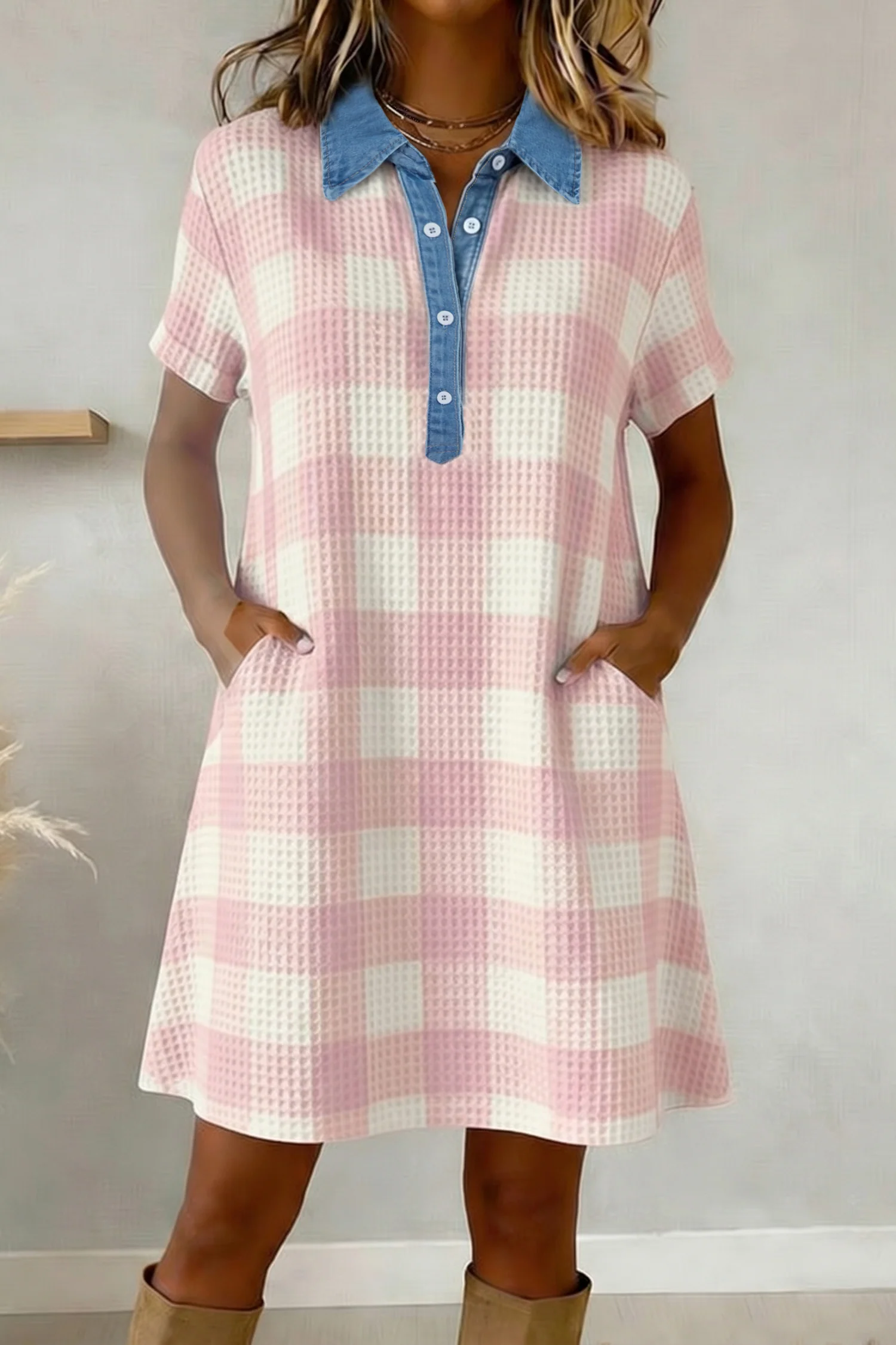 Pink Waffle Plaid Print Contrast Denim Shirt Collar T Shirt Mini Dress