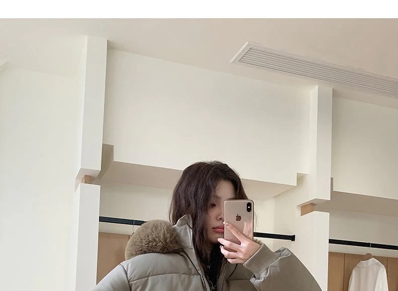 Furry Trim Hooded Zip-Up Puffer Jacket