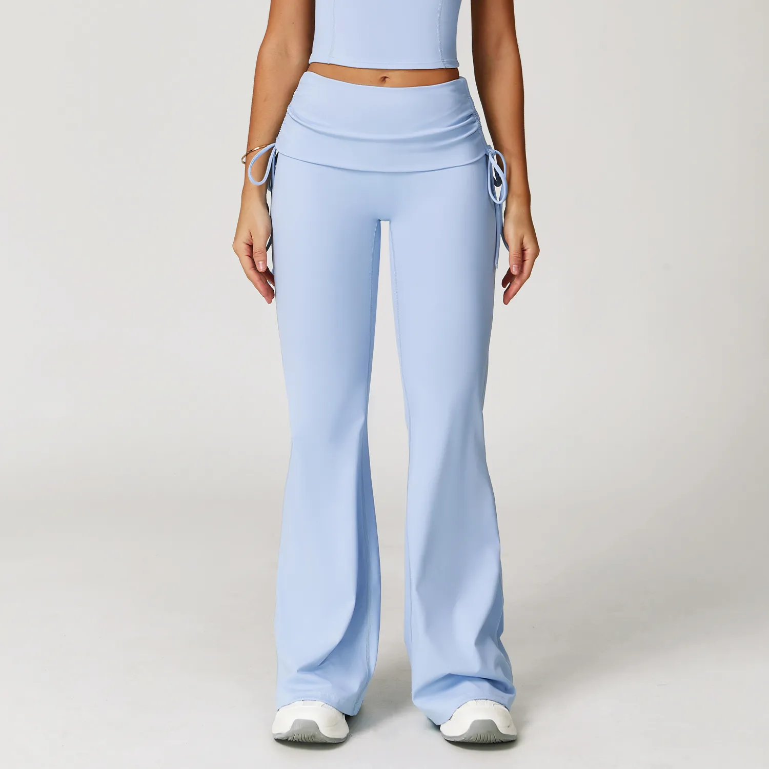 Folded Waist Yoga Flared Pants with Drawstring