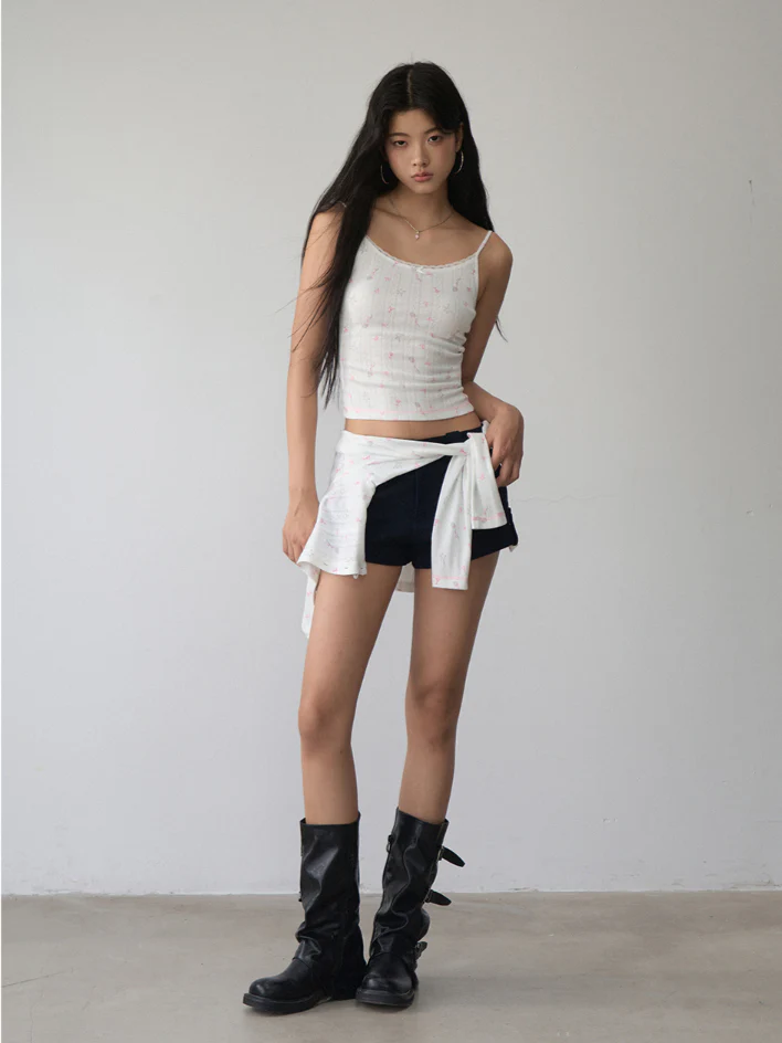 Printed Hollow-out Lace Trim One-Shoulder Top Set