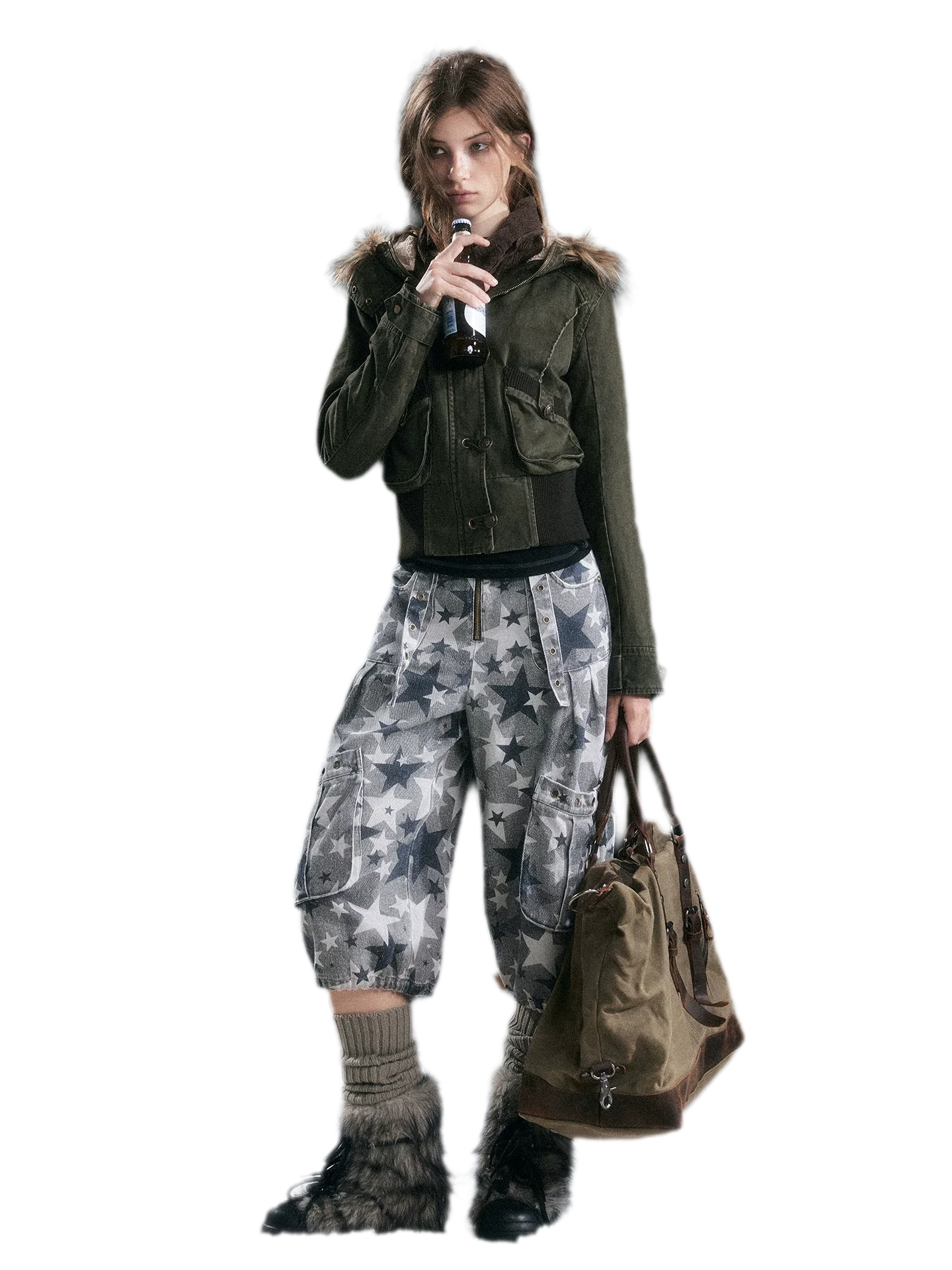 Washed Quilted Fur-Trim Hooded Jacket