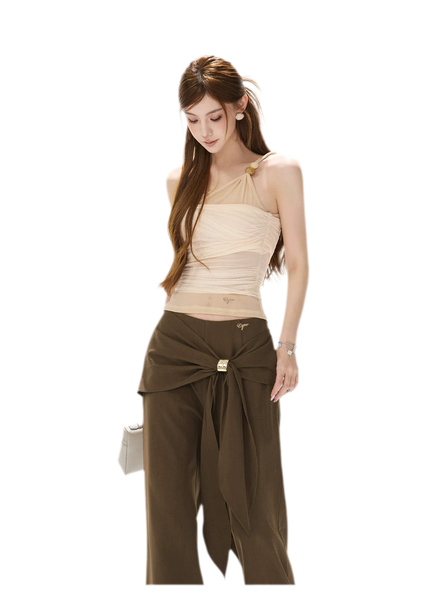 Beaded Ruched Mesh Top
