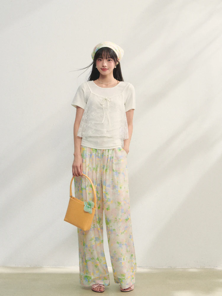 Lace-Trimmed Waist-Tie Wide-Leg Pants
