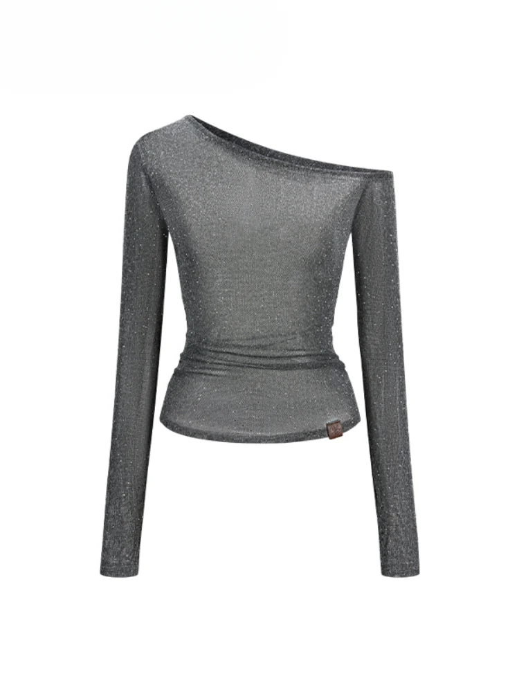Hot-fix Rhinestone Asymmetric Shoulder Fitted T-shirt