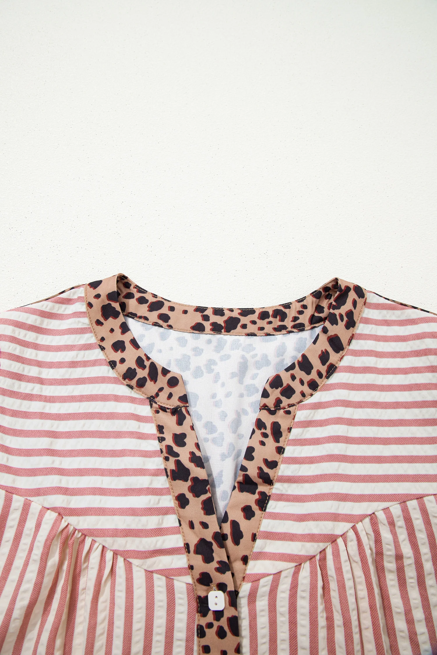 Pink Stripe Square Button Leopard Trim Loose Bracelet Sleeve Shirt Dress