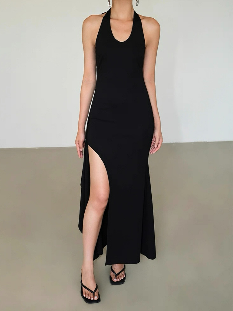 Alicia V-Neck High Slit Halter Tie Knit Dress