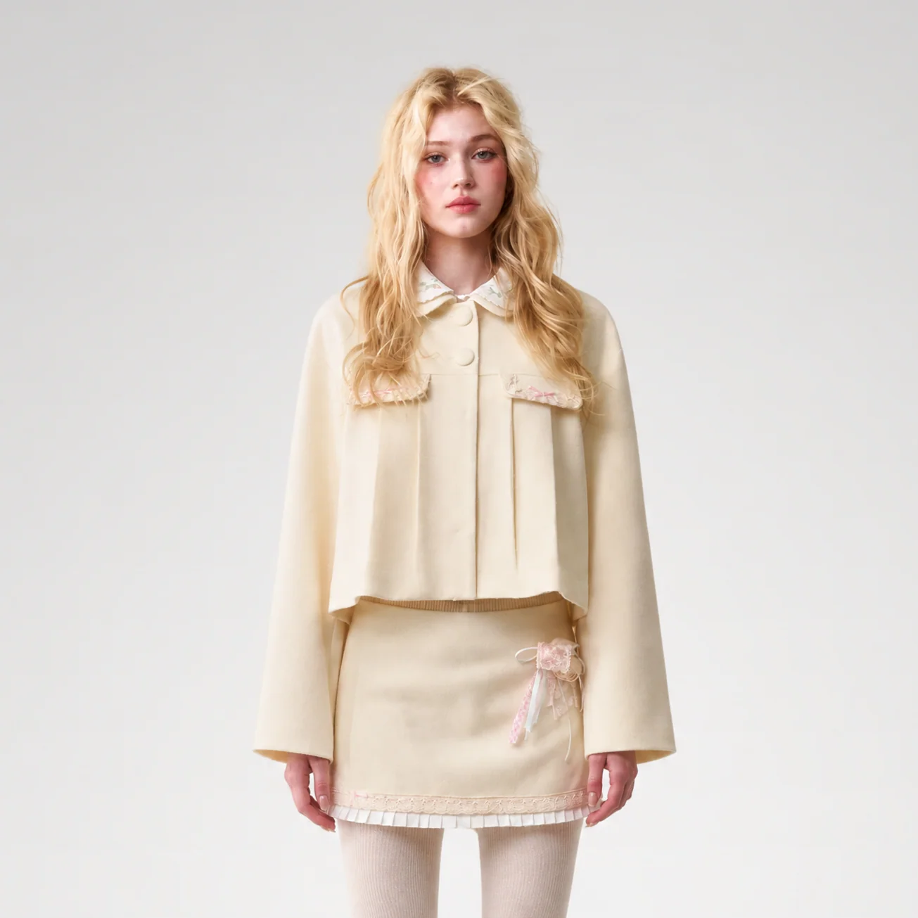 Embroidered Boxy Jacket Skirt Set