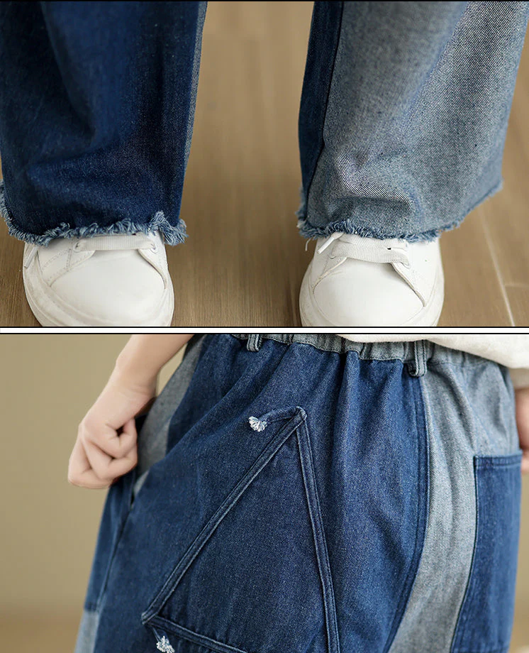 Women Spring Vintage Patchwork Denim Loose Wide-Leg Pants