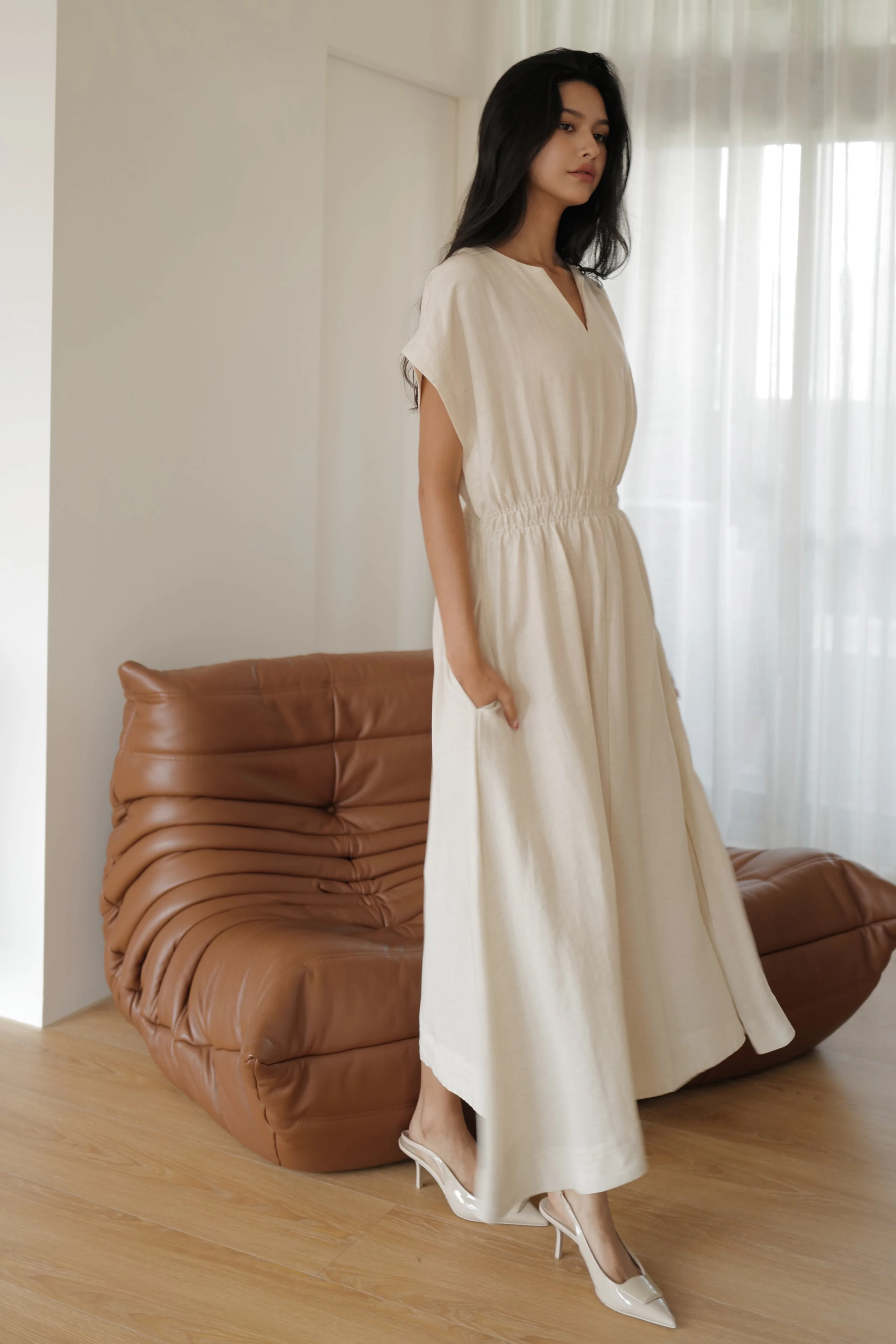 Camille elastic waist linen dress in beige