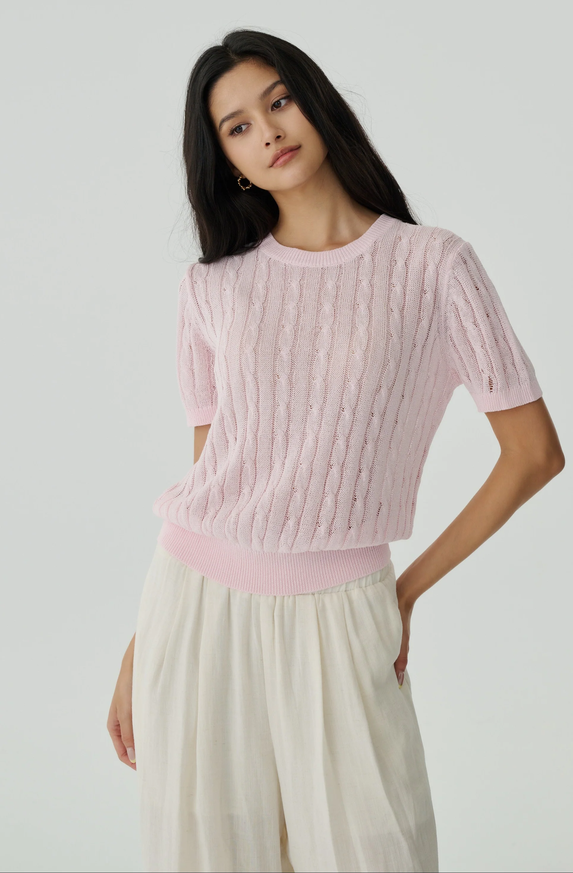 New life cooling knit cable sweater in pink