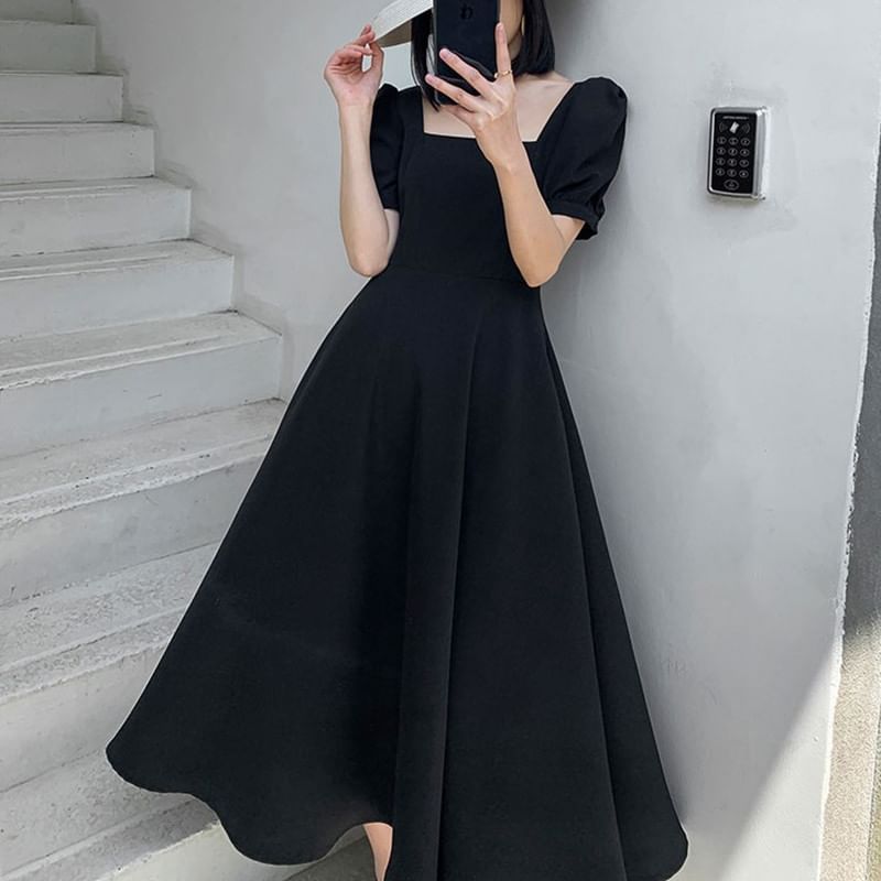 Dress Short-Sleeve Square Plain Neck Midi A-Line