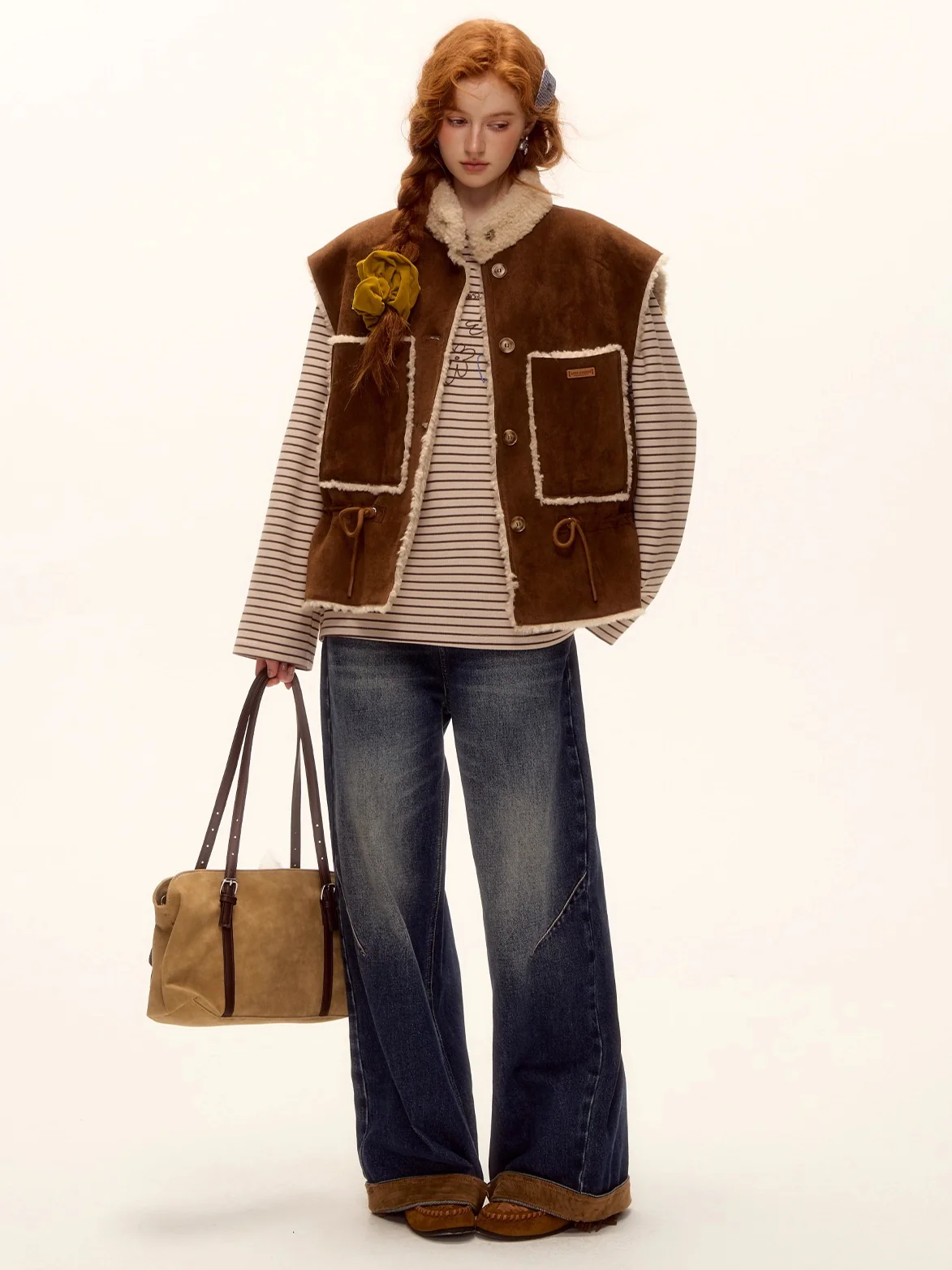 Suede-Panel Washed Denim Wide-Leg Jeans
