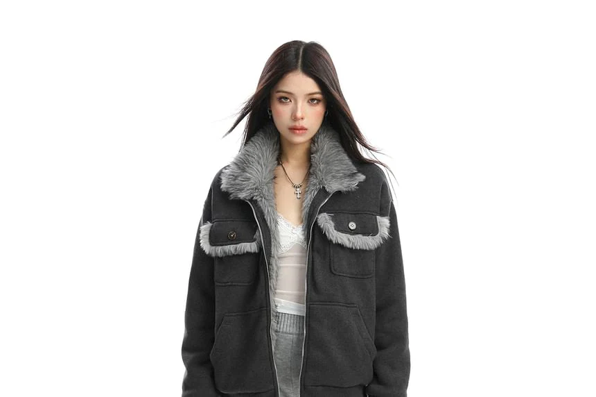 Collared Reversible Panel Faux Fur Zip Jacket