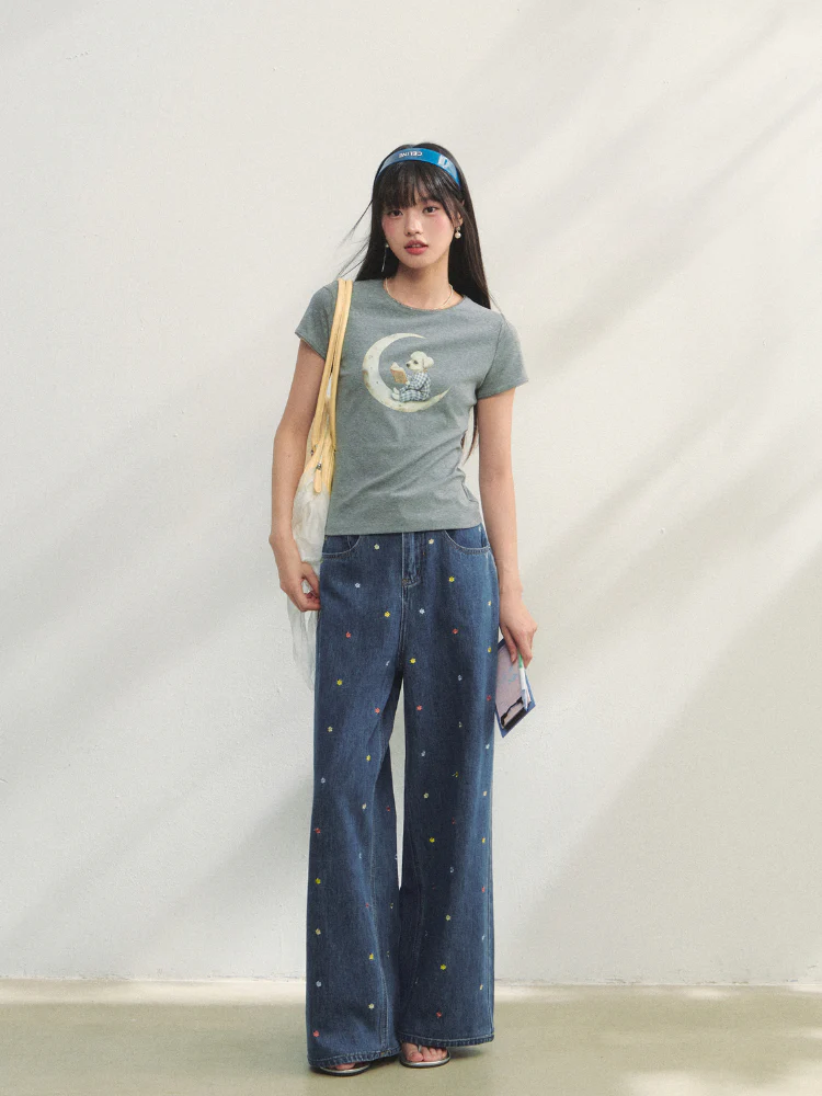 Grey Printed Slim-Fit Knit T-Shirt