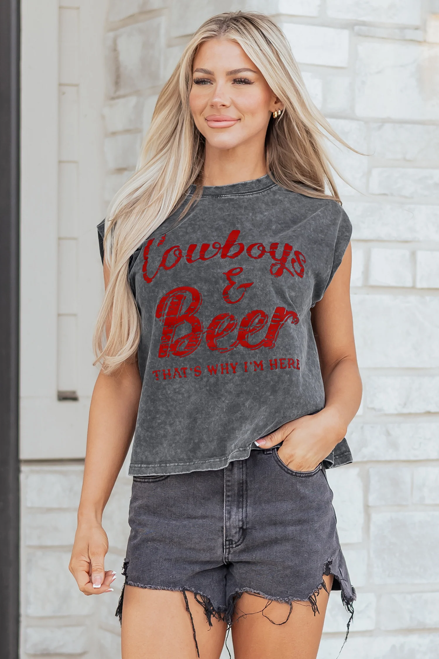 Cowboy & Beer Western Graphic Mineral Wash Tank Top