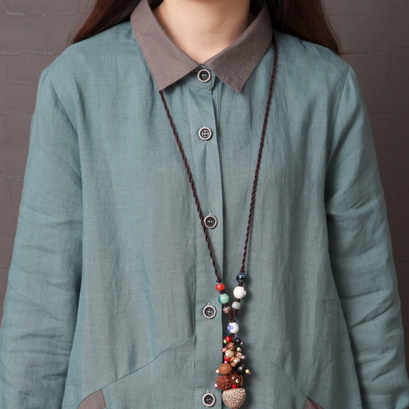 Spring Cotton Linen Loose Spliced Color Shirt Dress