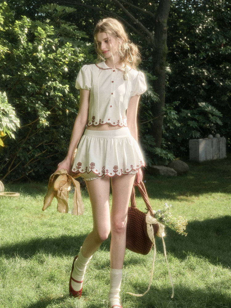 Lace Embroidery Airy Shirt & Skirt Set