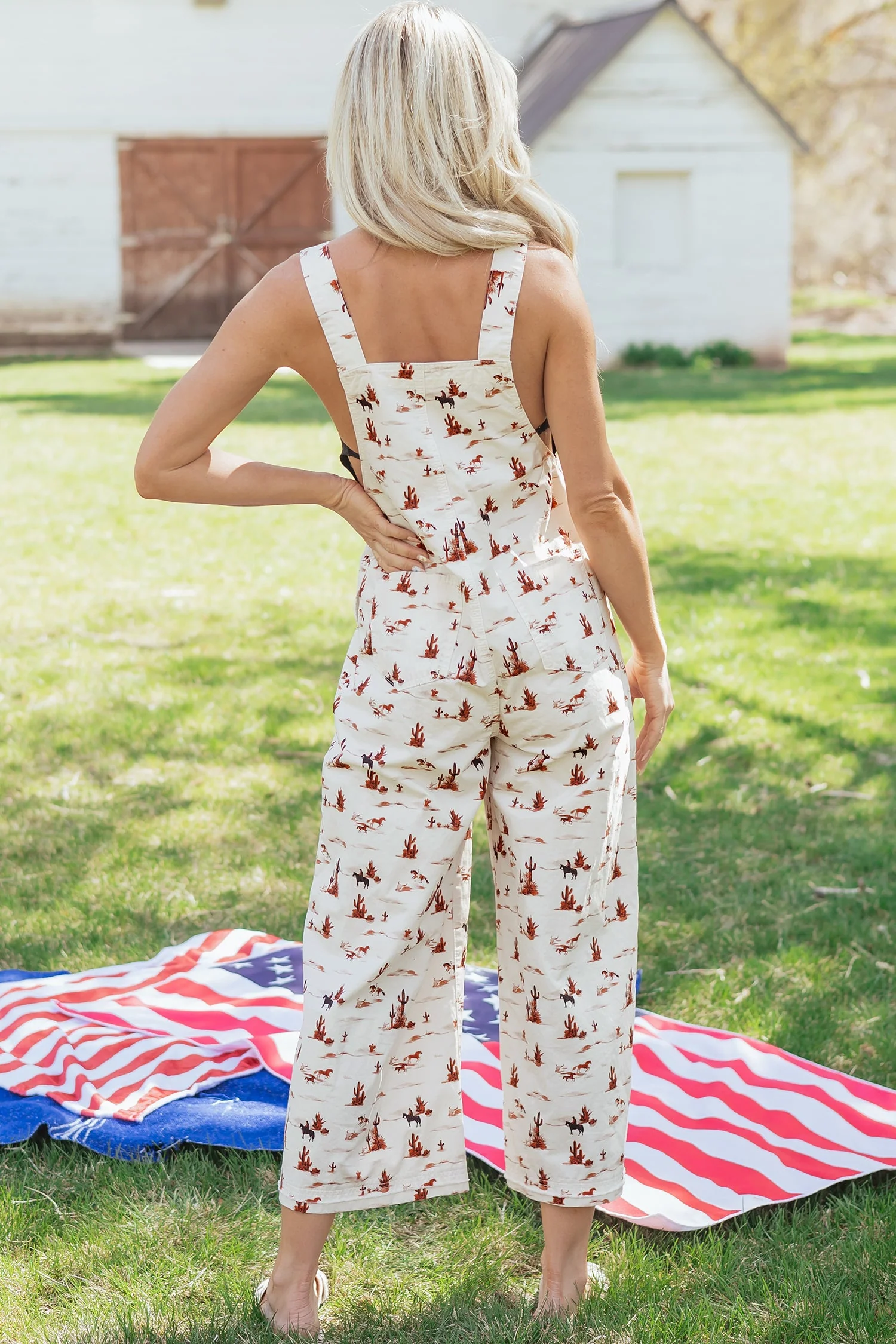 Beige Western Printed Button Adjustable Straps Loose Jumpsuit Dungarees