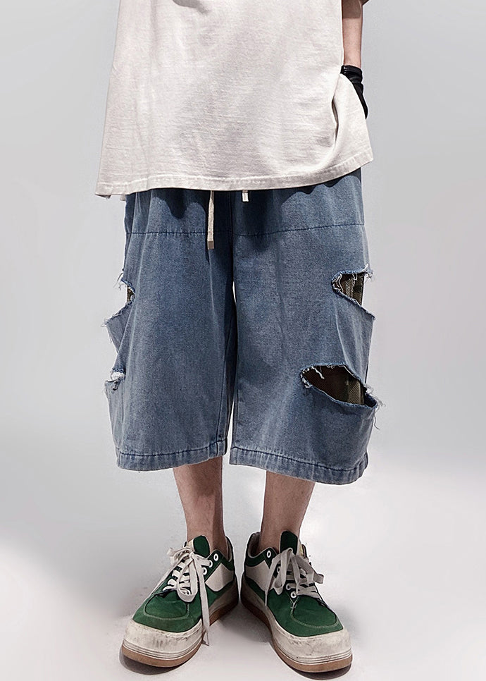 Denim Blue Summer Hole Shorts Pockets Plus Size Men