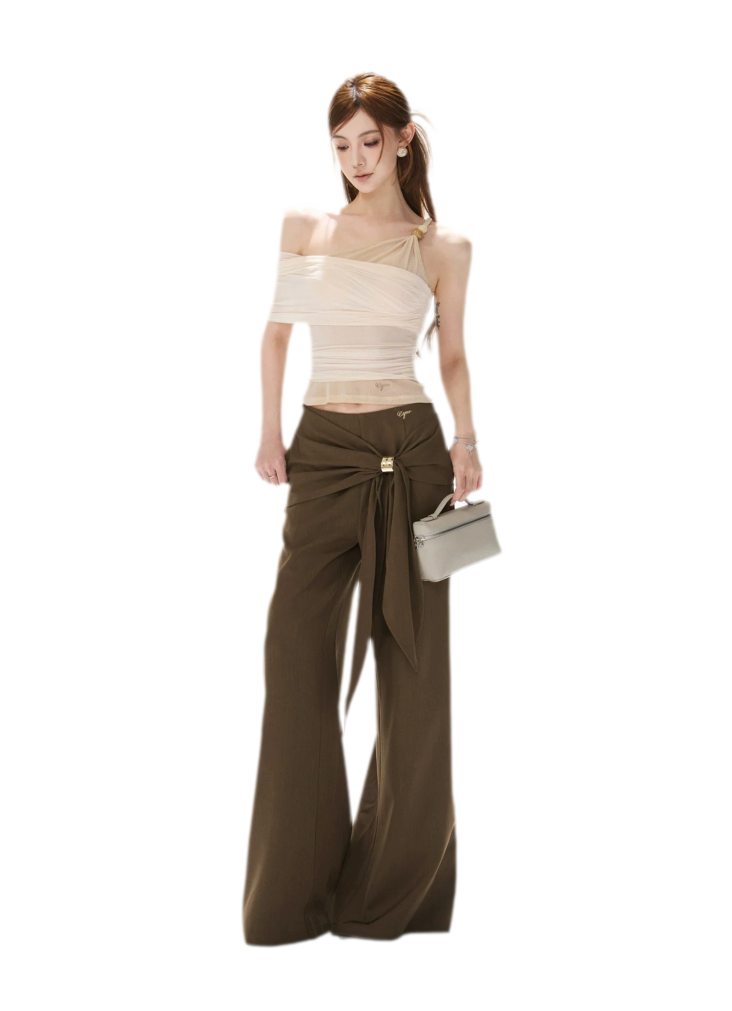 Beaded Ruched Mesh Top