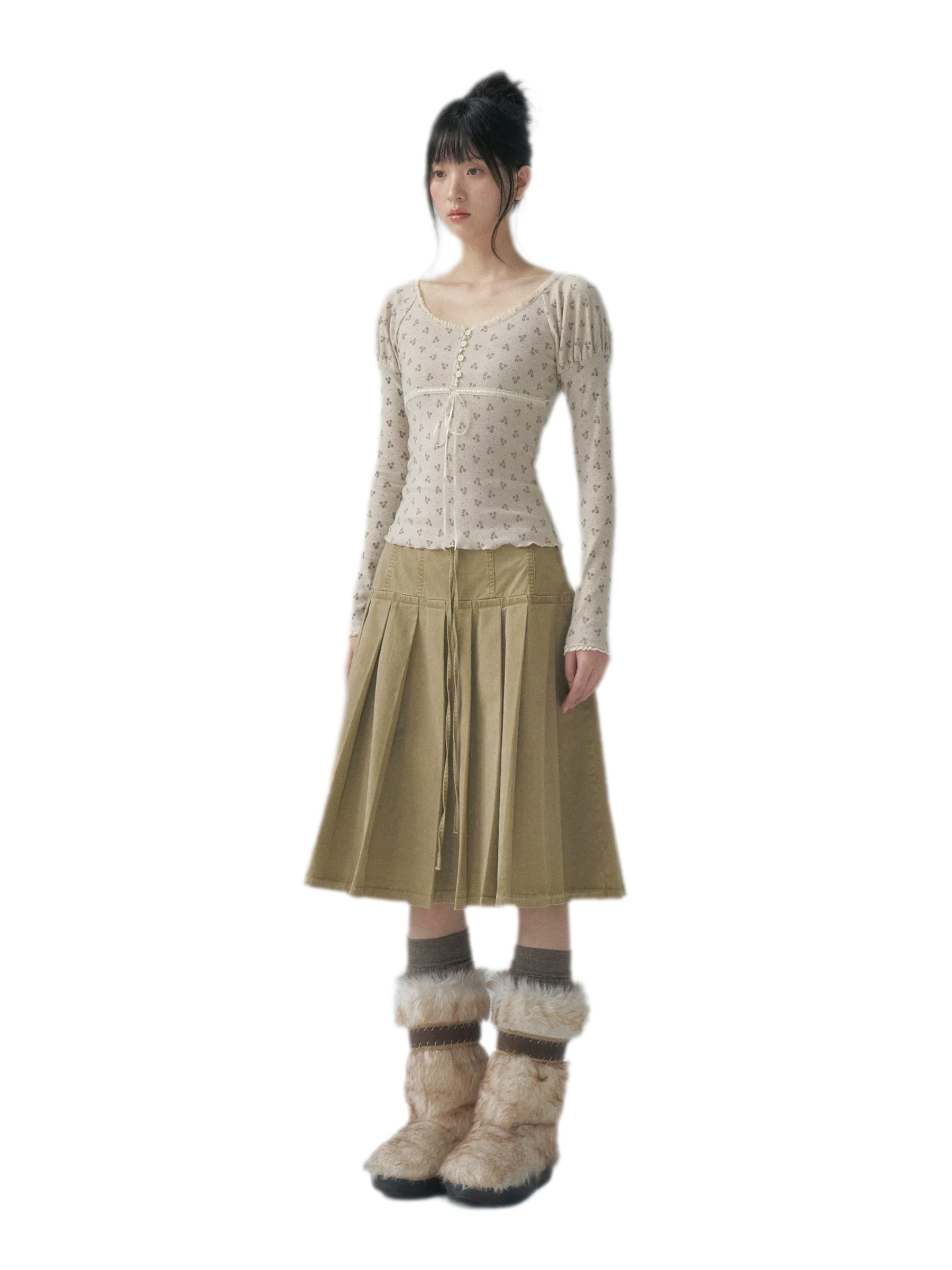 Washed Pleated A-Line Midi Skirt