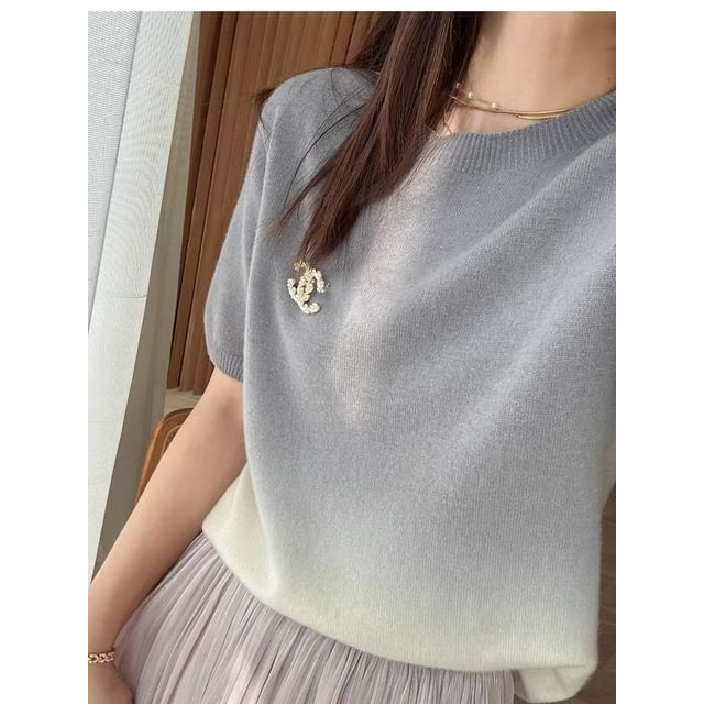 Gradient Knit Crew Short-Sleeve Top Neck