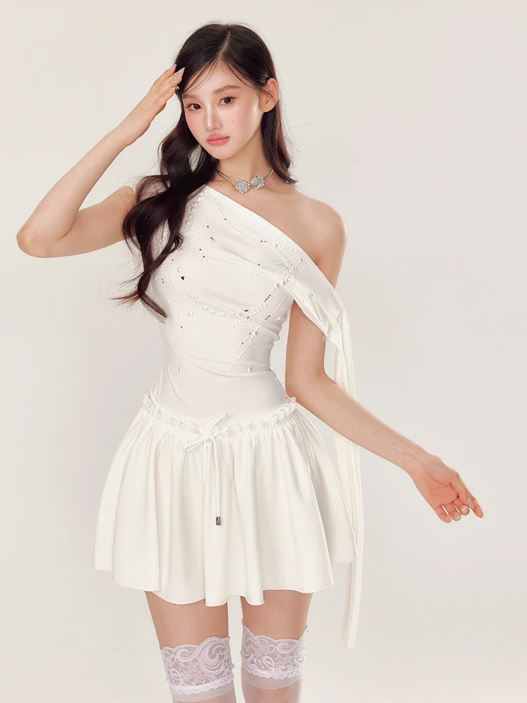 Off-Shoulder Pearl and Rhinestone Puff Dress