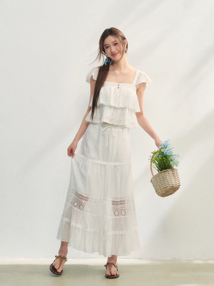 Soft Flutter Sleeve Blouse & Skirt Set