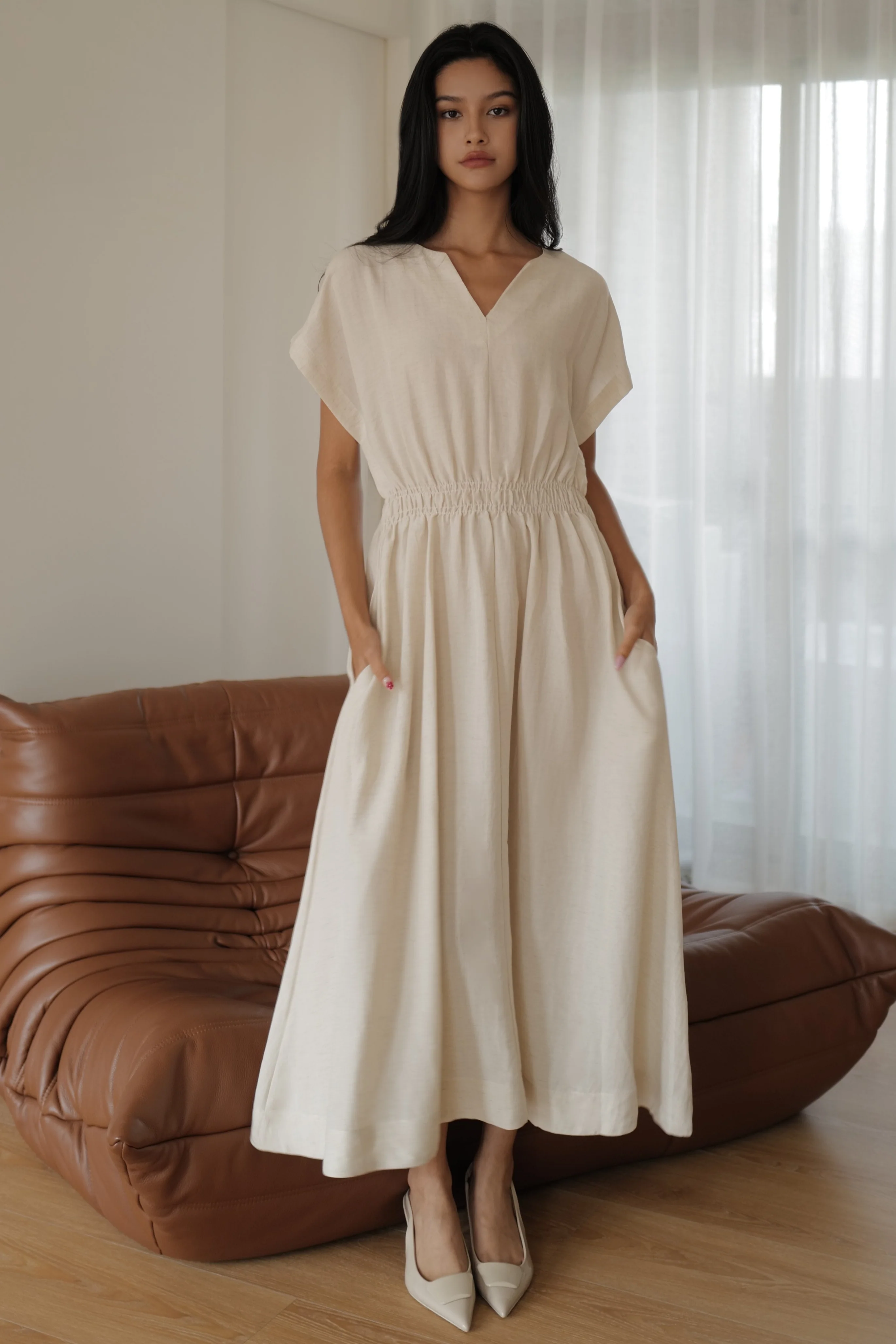 Camille elastic waist linen dress in beige