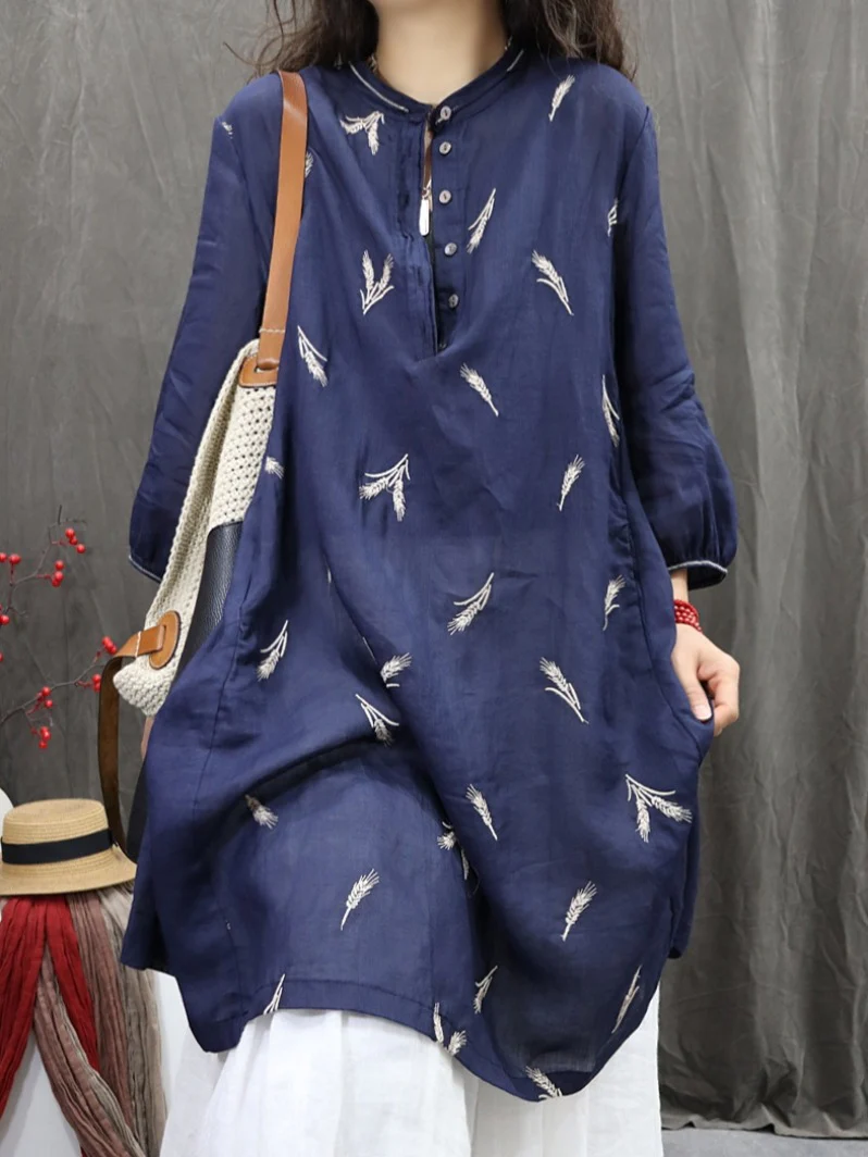 Spring Retro Cotton Linen Stand Collar Shirt