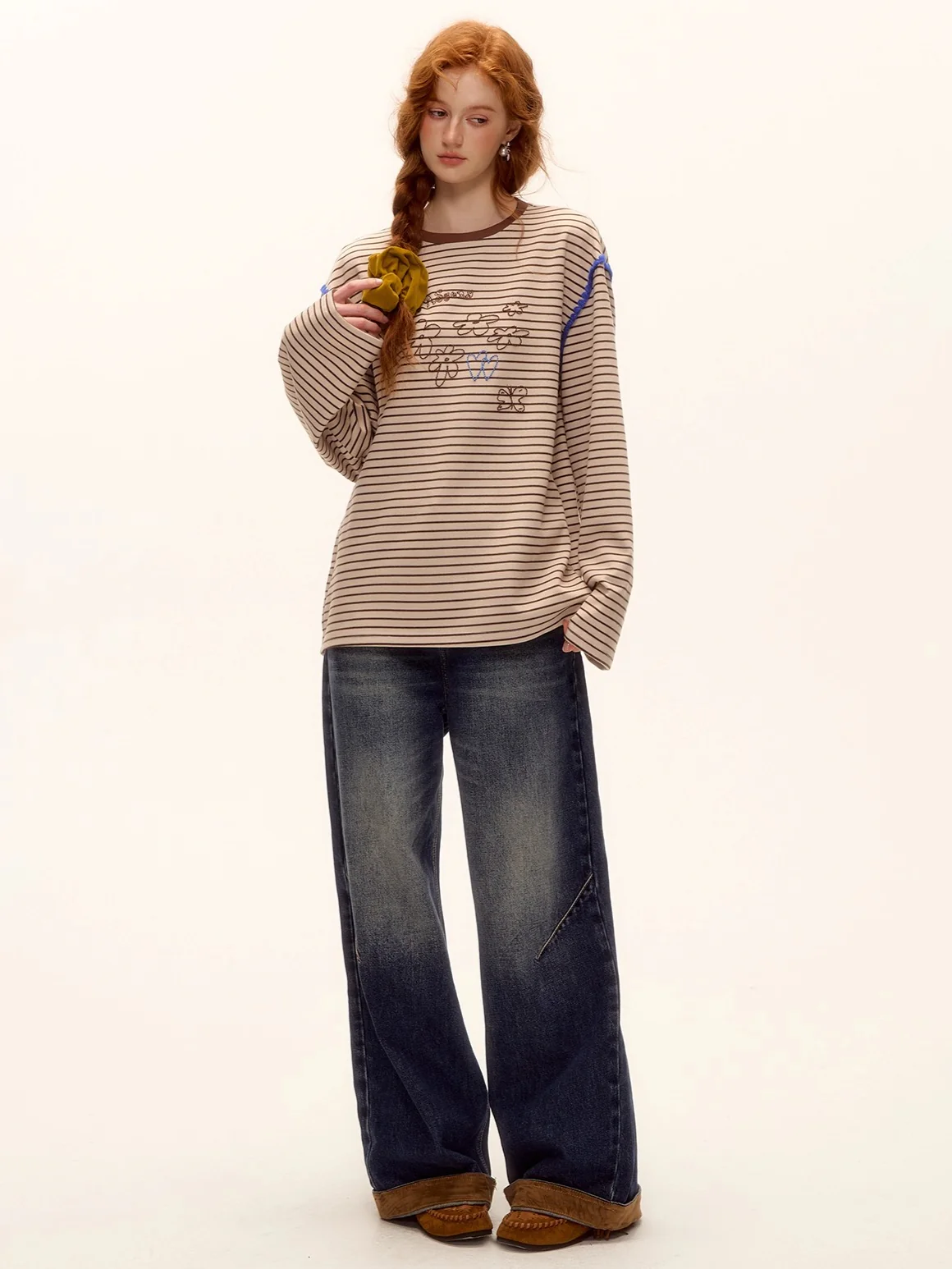 Suede-Panel Washed Denim Wide-Leg Jeans