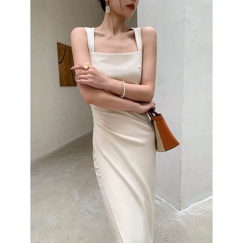 Sleeveless Square Neck Plain Ruched Midi Sheath Dress