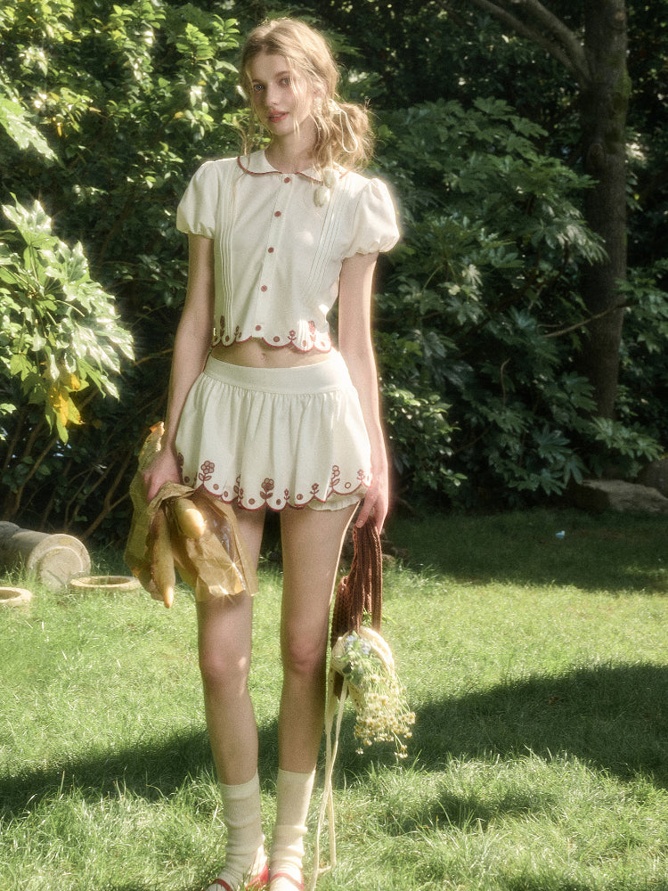 Lace Embroidery Airy Shirt & Skirt Set