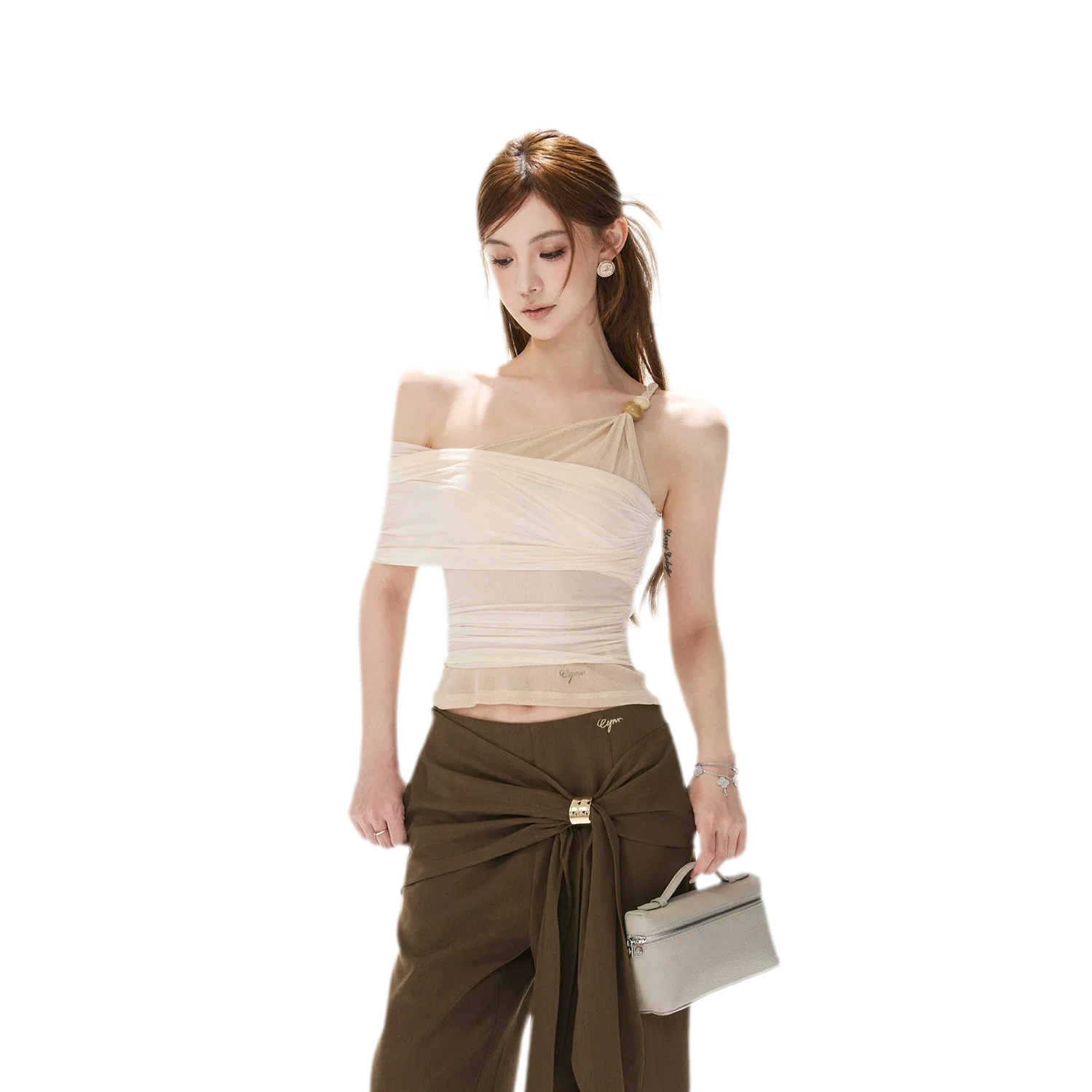 Beaded Ruched Mesh Top