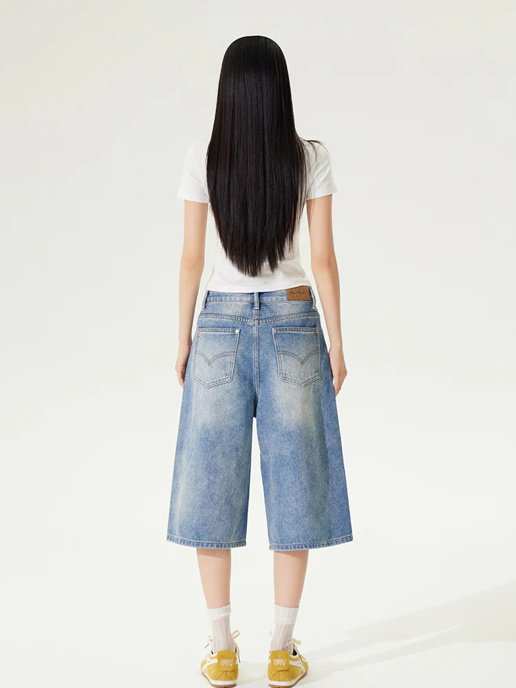 Distressed 7-inch Denim Straight Pants