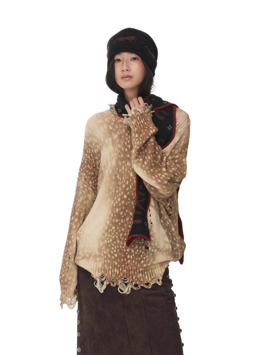 Vintage Deer Print Distressed Knit Sweater
