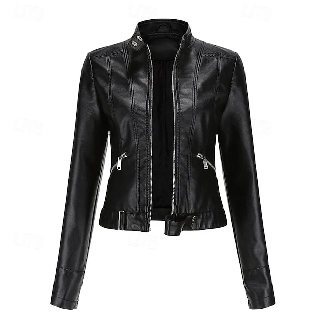 Faux Zipper Jacket Pocket Leather Women's Comfortable