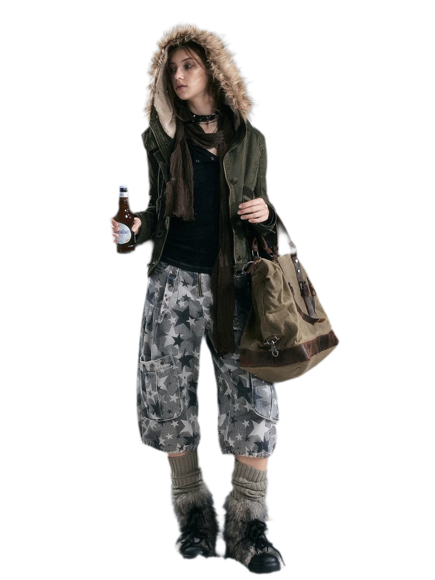 Washed Quilted Fur-Trim Hooded Jacket