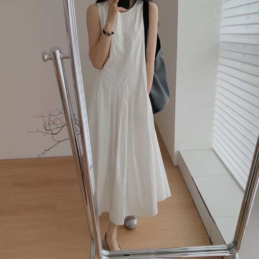 Midi Pleated Dress Plain A-Line Sleeveless Crew Neck