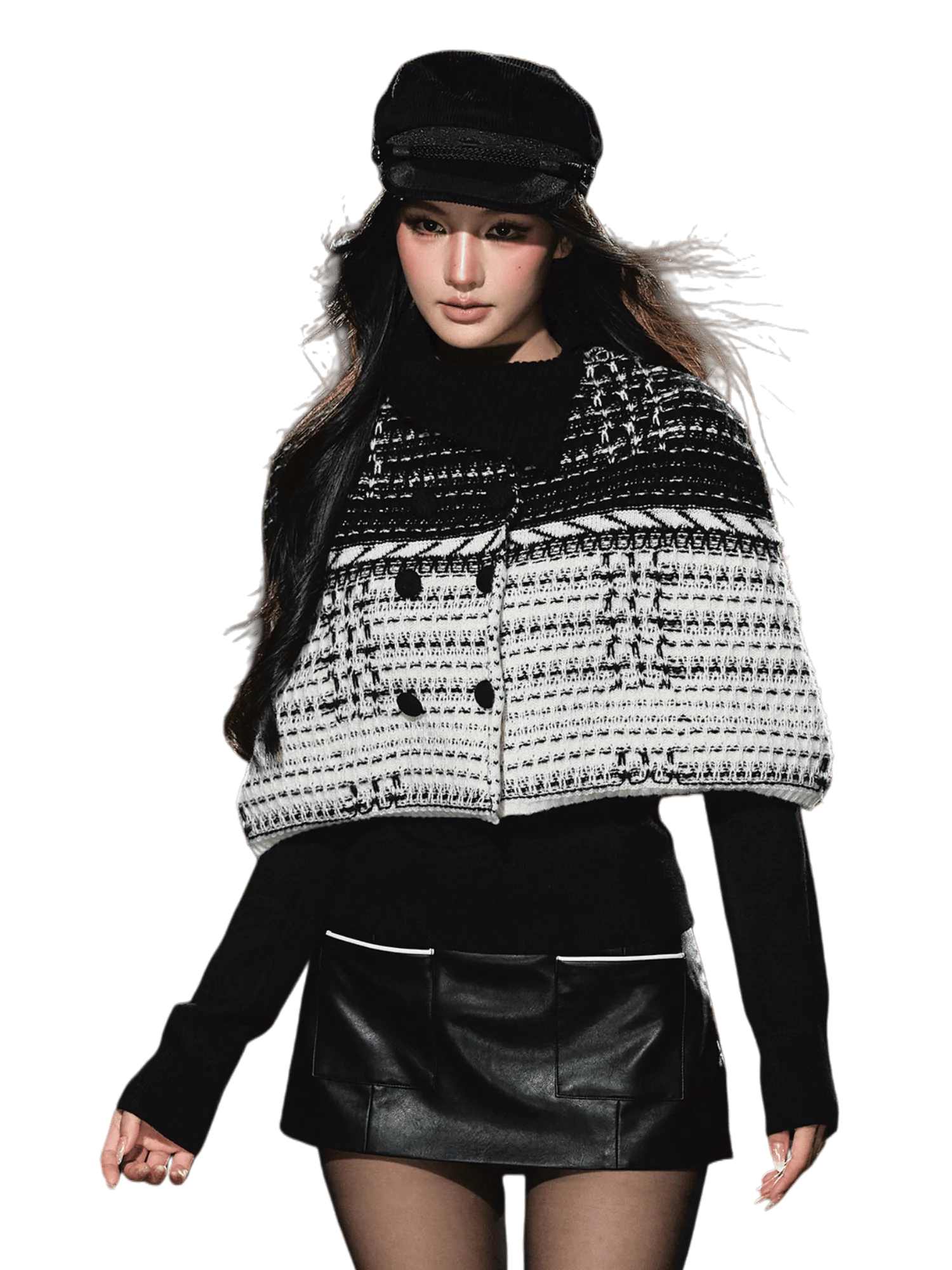 Tweed-Inspired Knit Cape & Crewneck Set