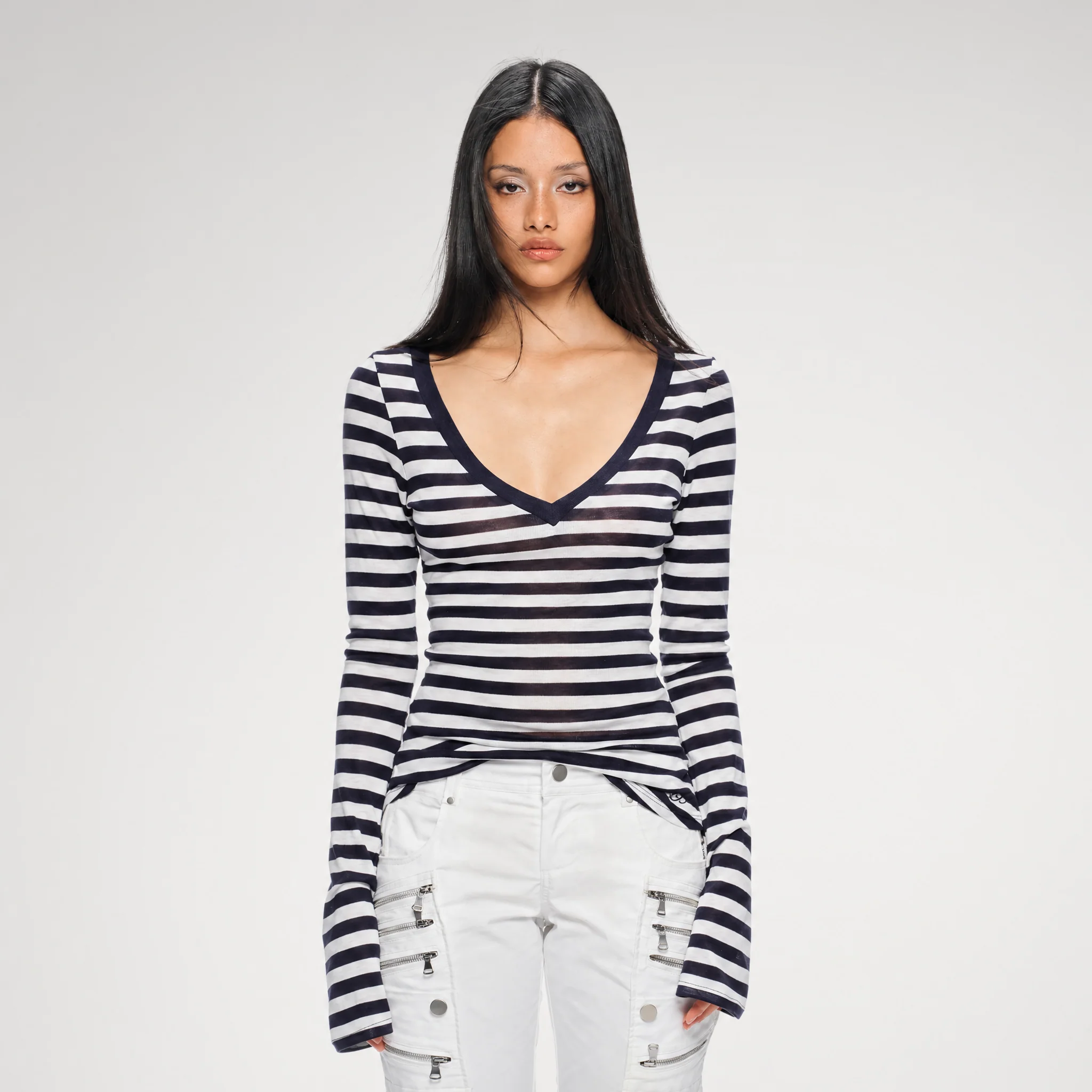 Wool V-Neck Striped T-Shirt