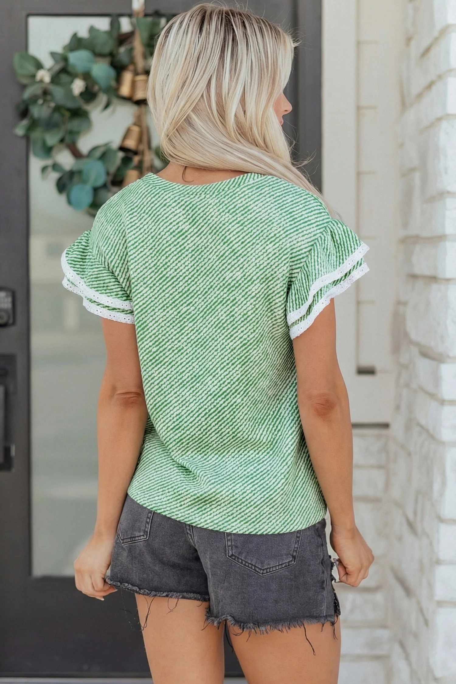 Clearly Aqua Twilled Print Lace Trim Ruffled Short Sleeve Blouse