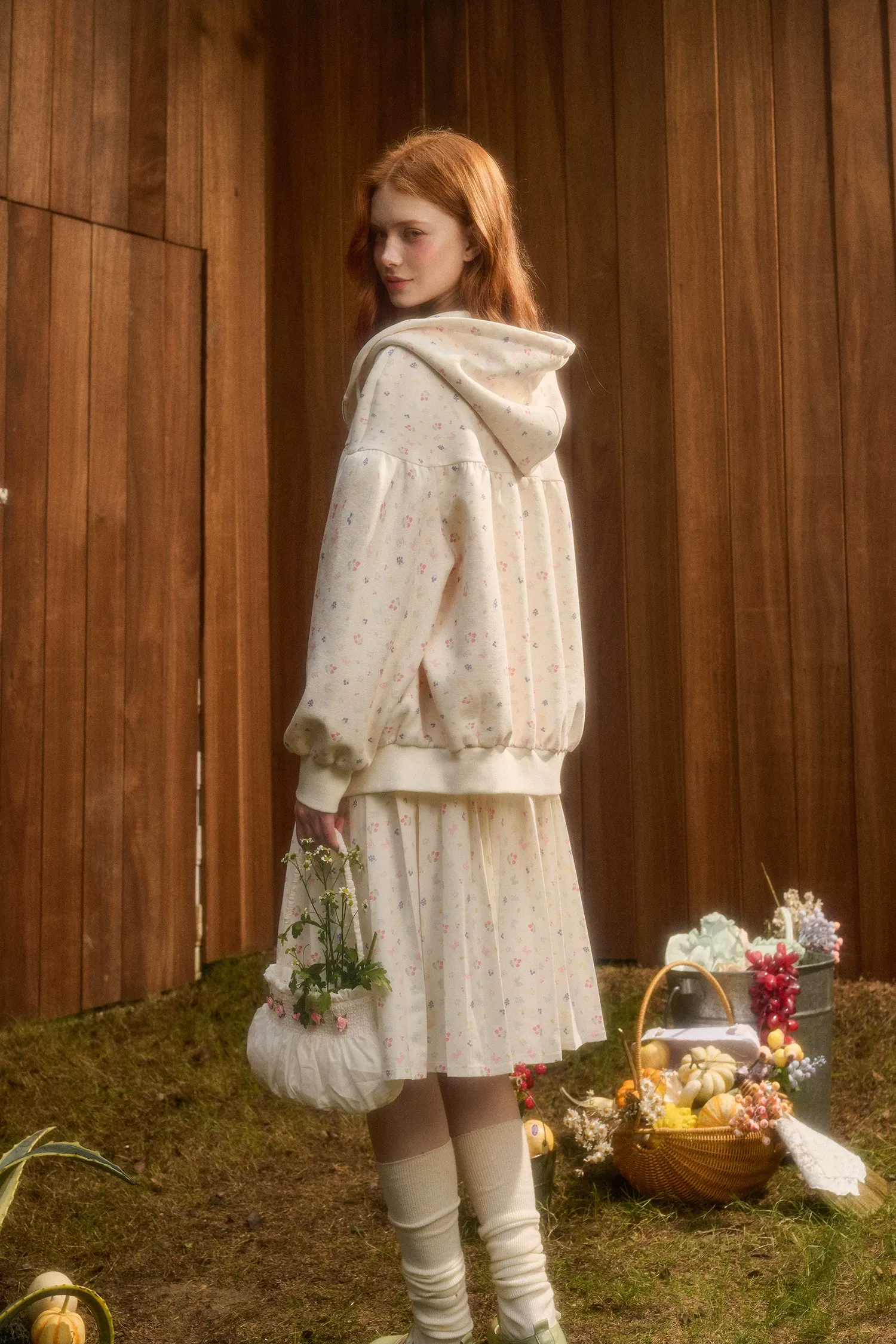 Printed Hooded Sweatshirt Pleated Skirt