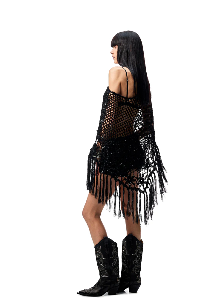 Hollow Out One-Piece Fringed Knit Shrug