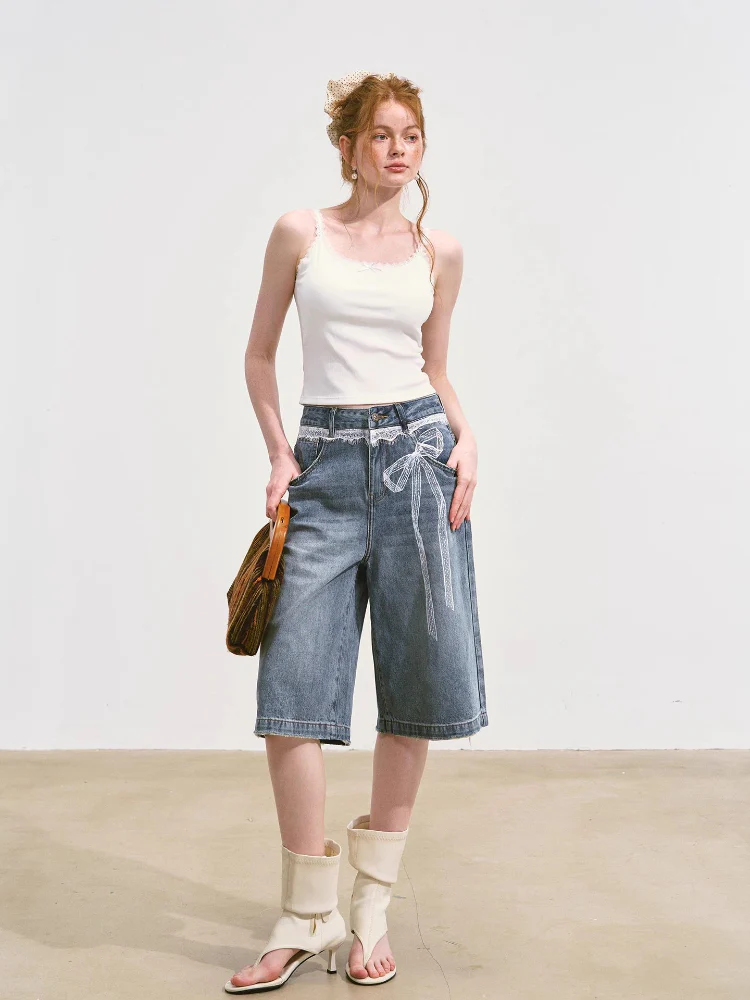 Imitation-Lace Printed High-Waist Denim Mid-Length Pants