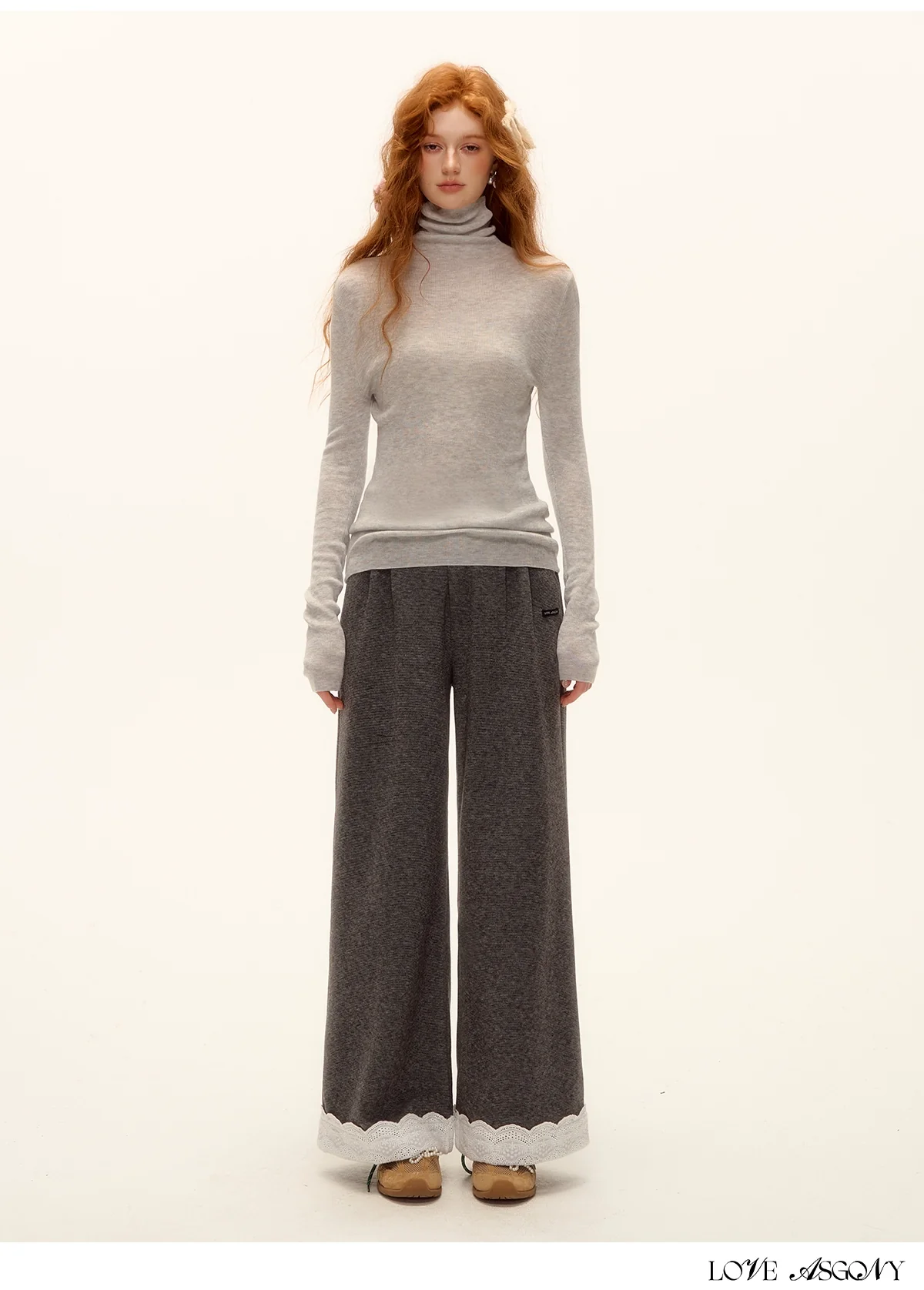 Embroidered Hem Wool Blend Wide-Leg Trousers