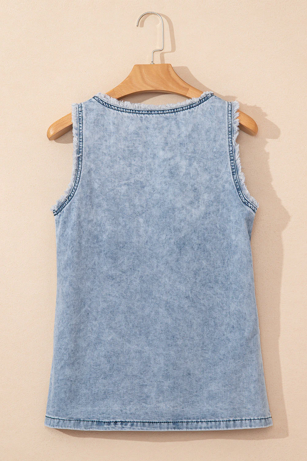 Mineral Wash Denim Frayed U Neck Sleeveless Top