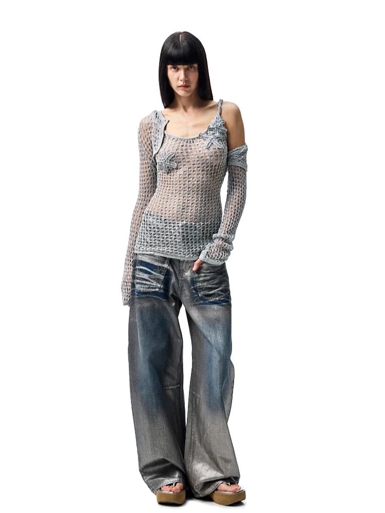 Silver-Foil Embroidered Straight-Leg Denim Curved Pants