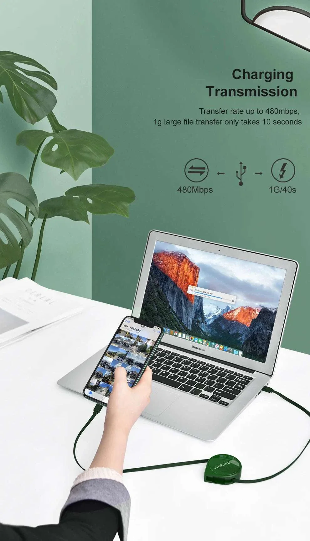 PD Fast Charging USB-C & Lightning Cable (Retractable)